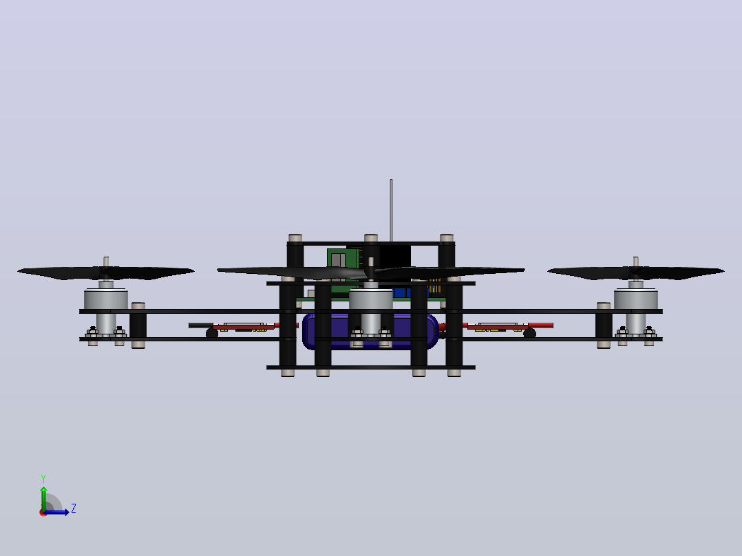 四轴无人机结构3D图纸 Solidworks设计左视图