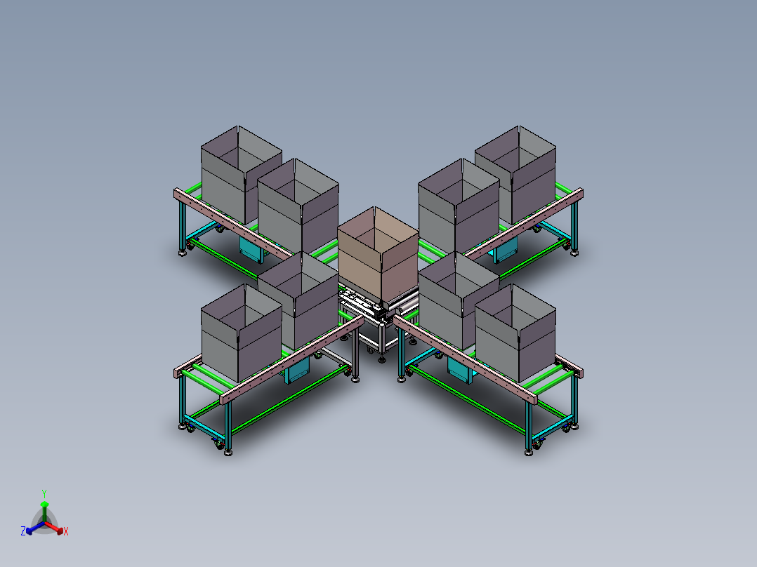 纸箱伺服360度旋转气动夹紧分流滚筒输送系统正等轴测图