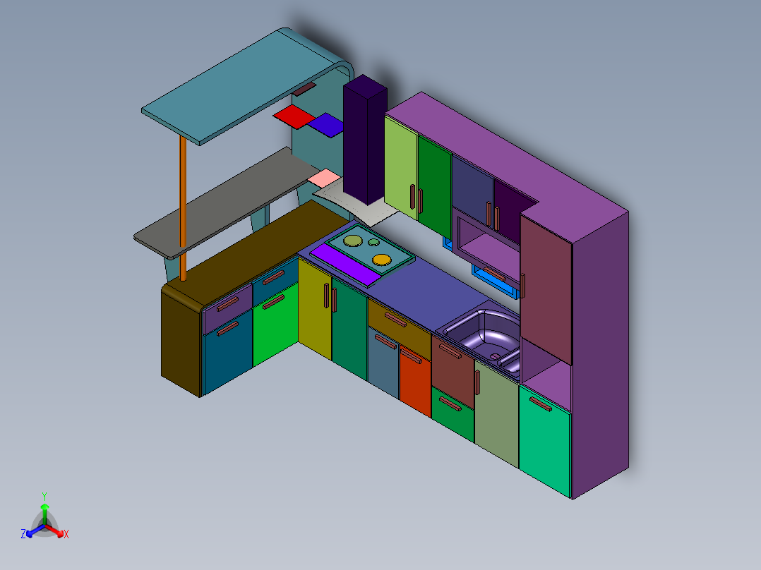 现代整体厨房3d模型正等轴测图