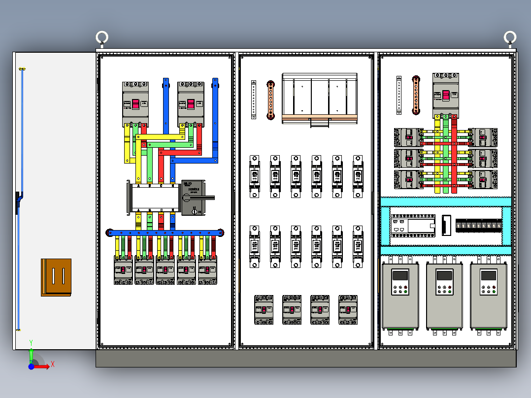 三柜组装双电源CDQ1S刀开关630A竖装plc软启动控制柜前视图
