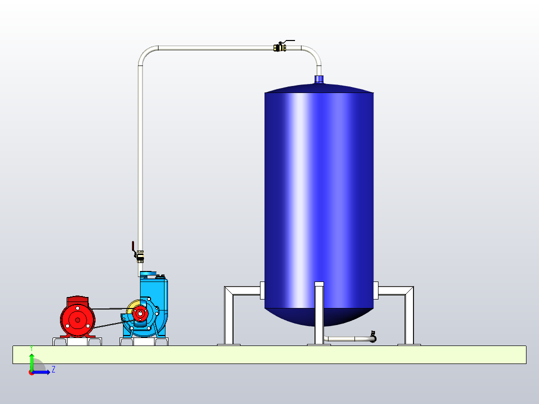 带有离心泵的卫生水箱填充系统，该离心泵耦合到带有V带传动的交流电动机左视图