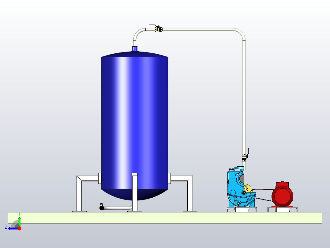 带有离心泵的卫生水箱填充系统，该离心泵耦合到带有V带传动的交流电动机右视图