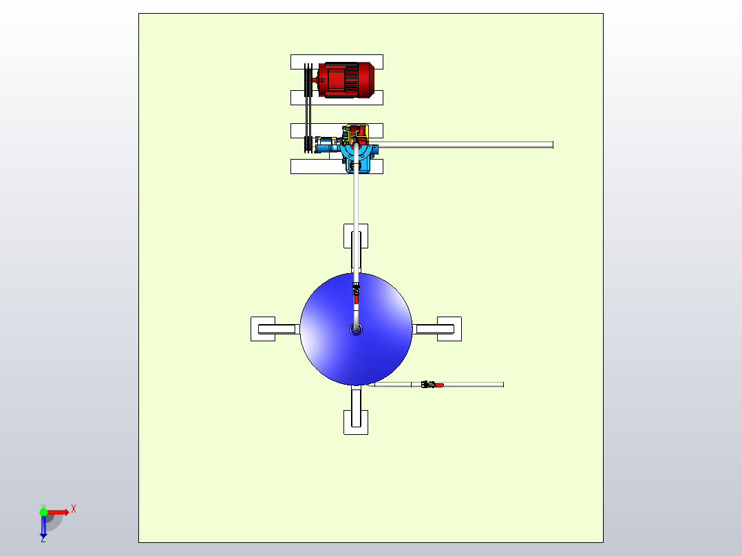 带有离心泵的卫生水箱填充系统，该离心泵耦合到带有V带传动的交流电动机俯视图