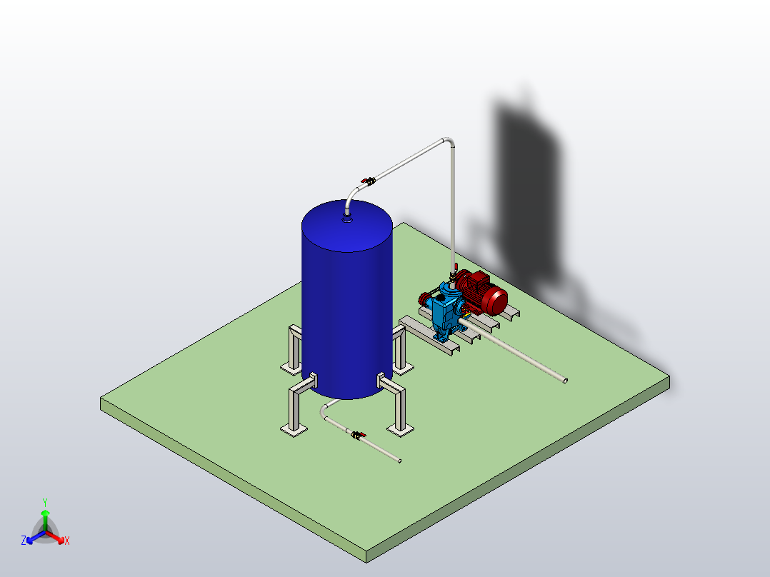 带有离心泵的卫生水箱填充系统，该离心泵耦合到带有V带传动的交流电动机正等轴测图