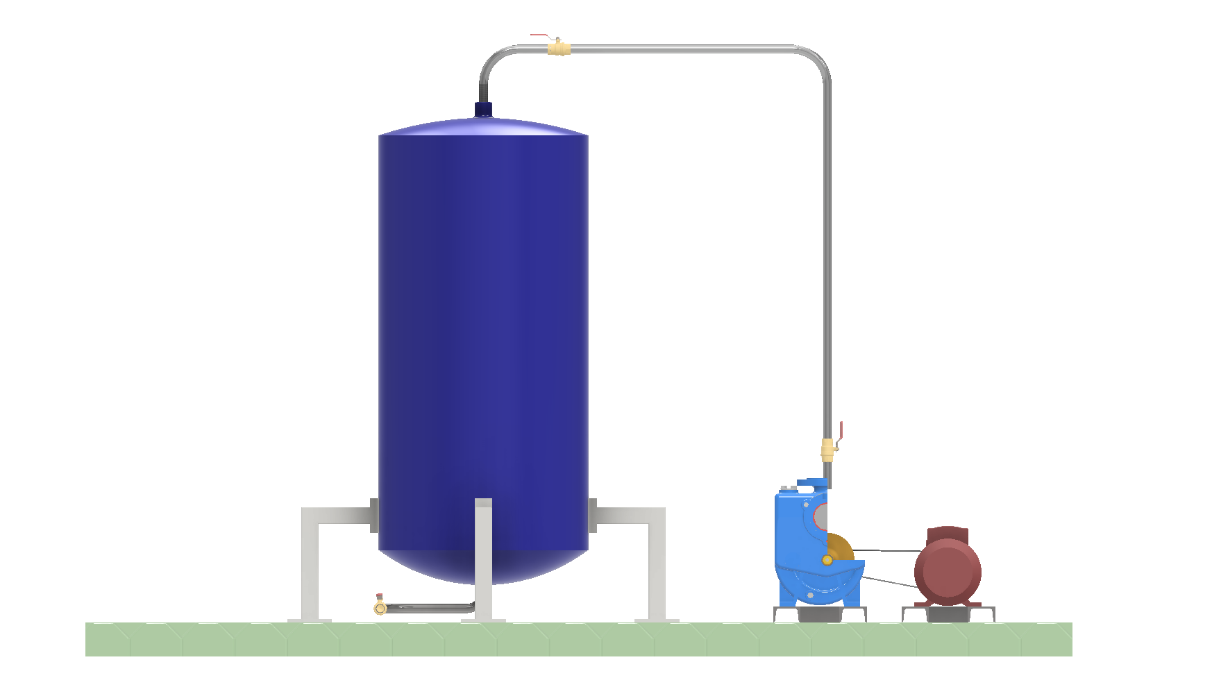 带有离心泵的卫生水箱填充系统，该离心泵耦合到带有V带传动的交流电动机