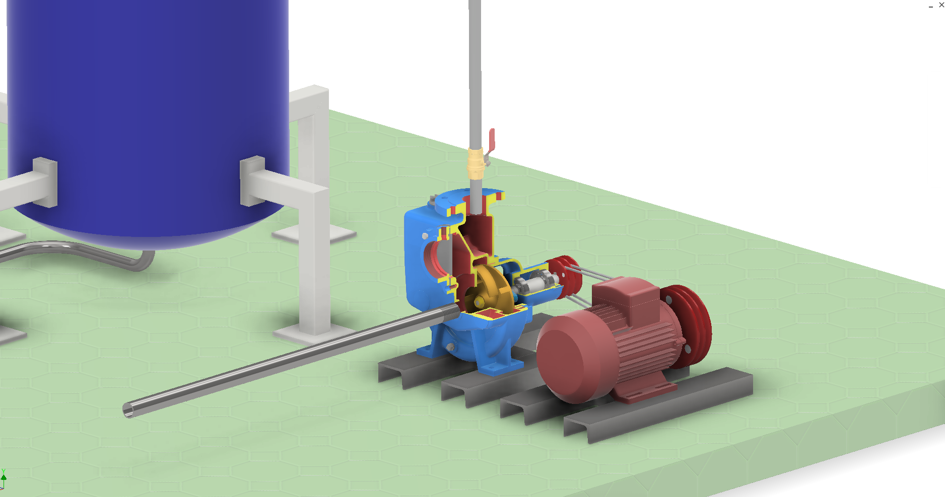 带有离心泵的卫生水箱填充系统，该离心泵耦合到带有V带传动的交流电动机