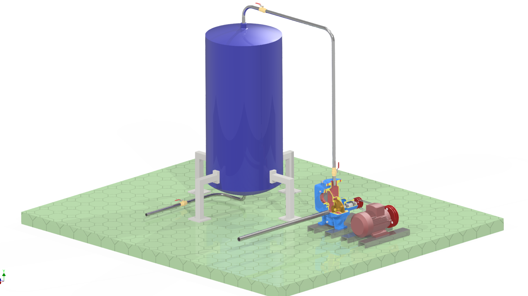 带有离心泵的卫生水箱填充系统，该离心泵耦合到带有V带传动的交流电动机