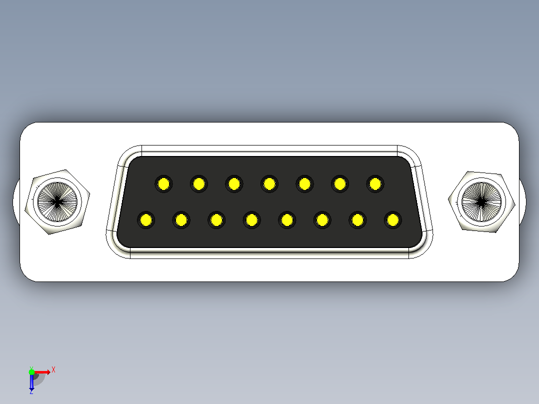 DSUB 15引脚PCB直通孔母连接器。带六角螺钉、垫片、螺母和垫圈，用于垂直安装在印刷电路板上俯视图