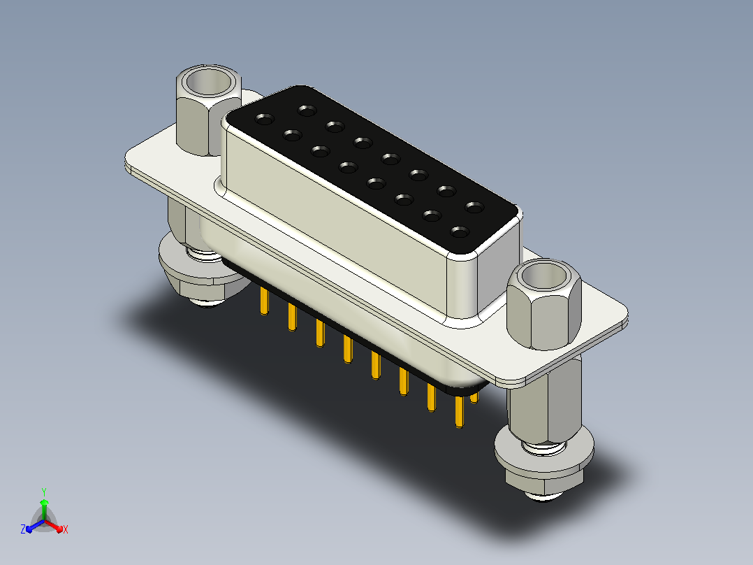 DSUB 15引脚PCB直通孔母连接器。带六角螺钉、垫片、螺母和垫圈，用于垂直安装在印刷电路板上正等轴测图