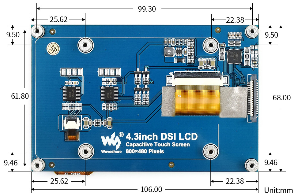 适用于Raspberry Pi的4.3英寸Waweshare电容式显示屏，DSI，800×480
