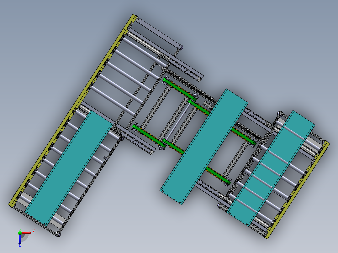 板材90度换向链轮滚筒+皮带输送+顶升移栽输送系统俯视图