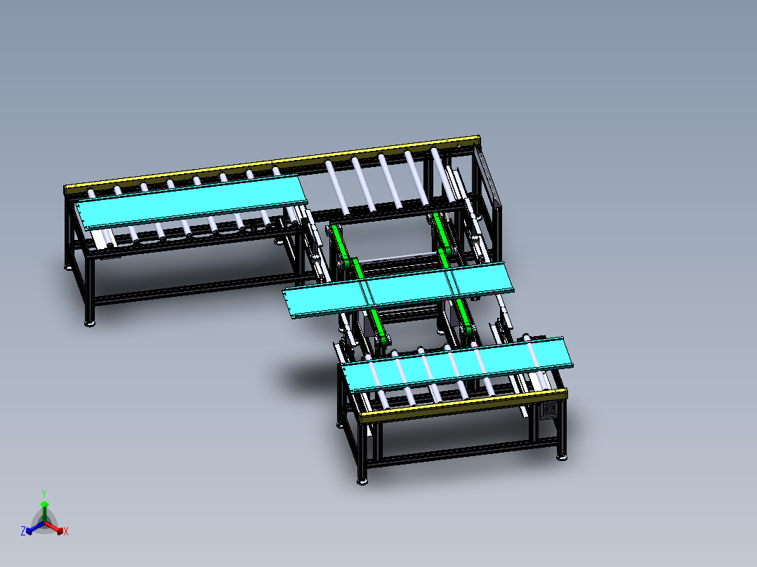 板材90度换向链轮滚筒+皮带输送+顶升移栽输送系统正等轴测图