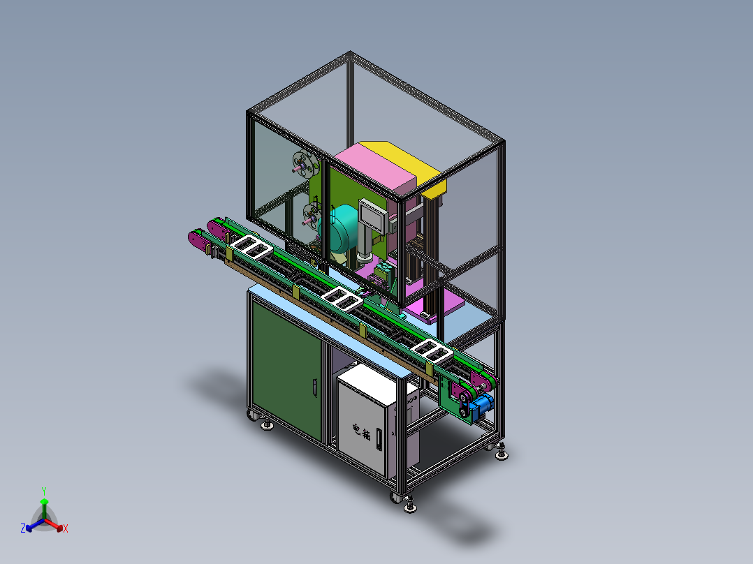 POL视觉检测装配贴标签一体机3D数模图纸+Solidworks18设计正等轴测图