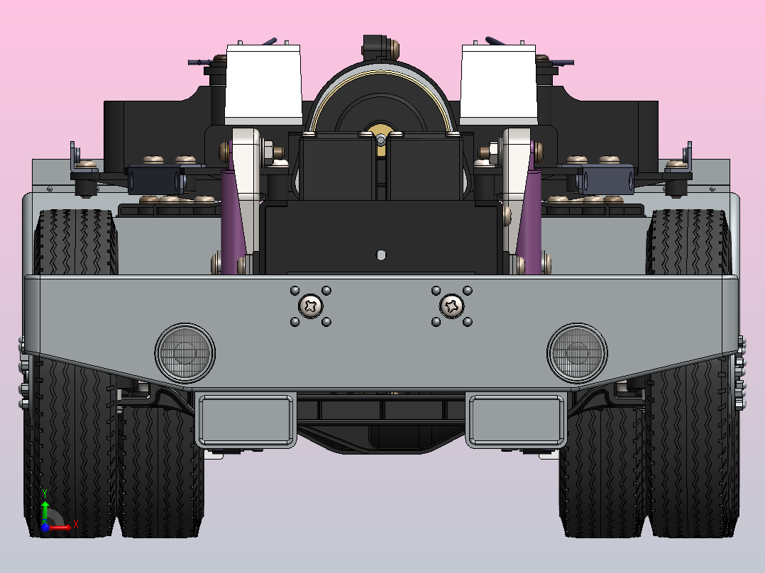 重型汽车底盘（传动系、行驶系、转向系和制动系）前视图