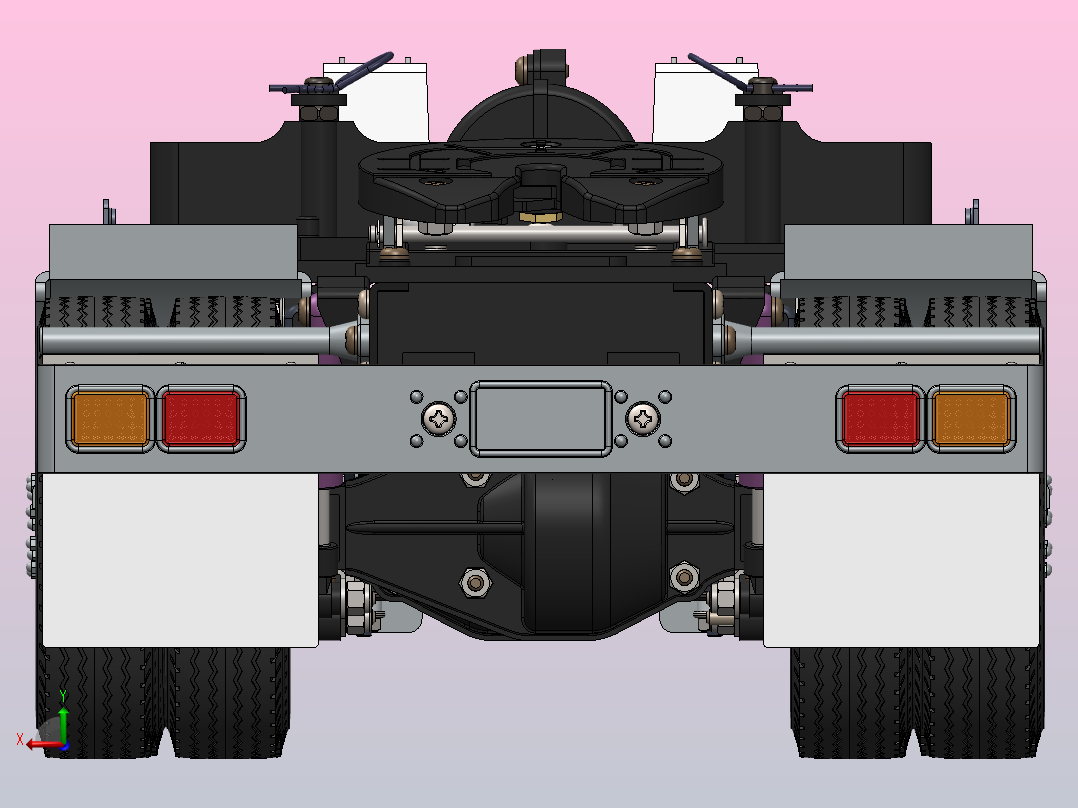 重型汽车底盘（传动系、行驶系、转向系和制动系）后视图