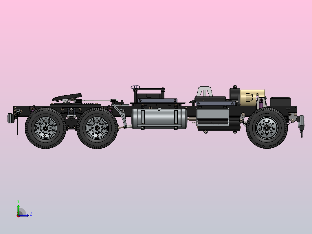 重型汽车底盘（传动系、行驶系、转向系和制动系）左视图