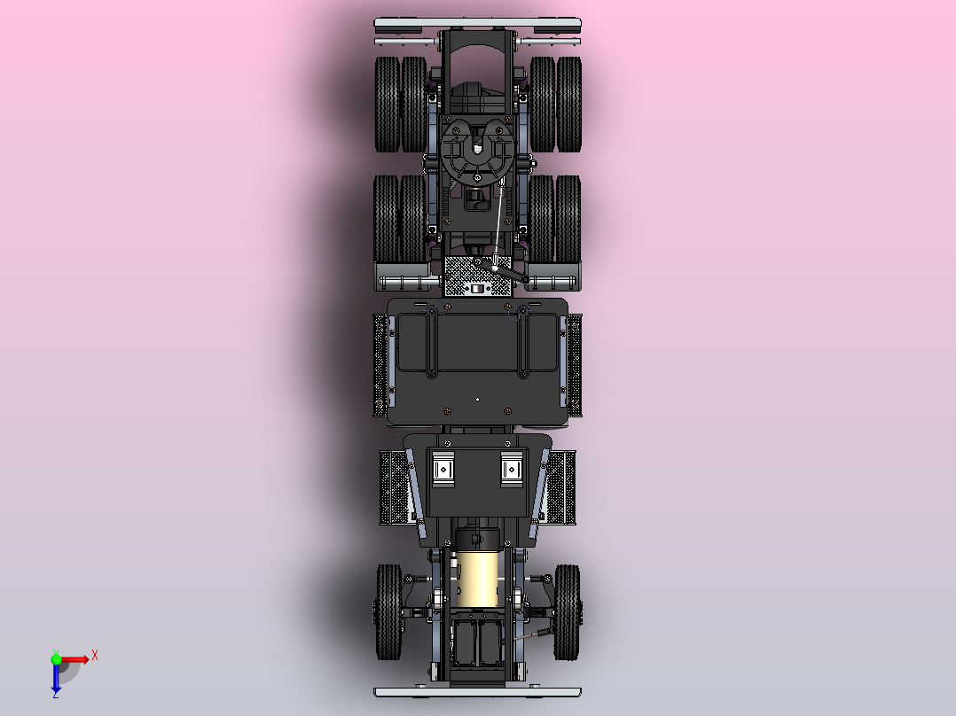 重型汽车底盘（传动系、行驶系、转向系和制动系）俯视图