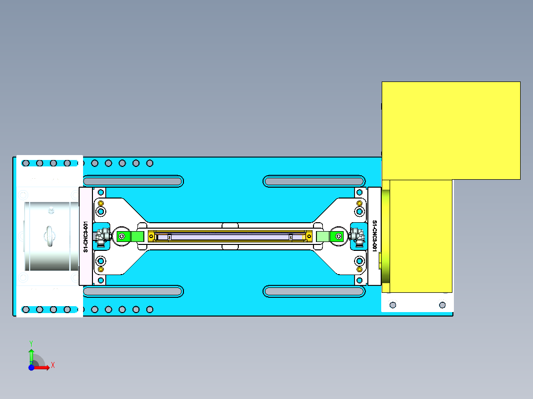 长条金属盖四轴铣外观面+侧向凹槽治具模型前视图