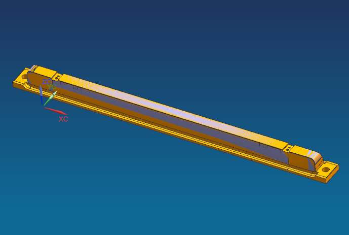 长条金属盖四轴铣外观面+侧向凹槽治具模型