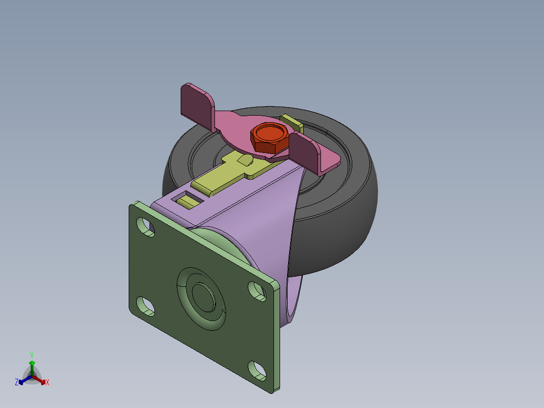 中载脚轮-万向带金属侧刹型正等轴测图