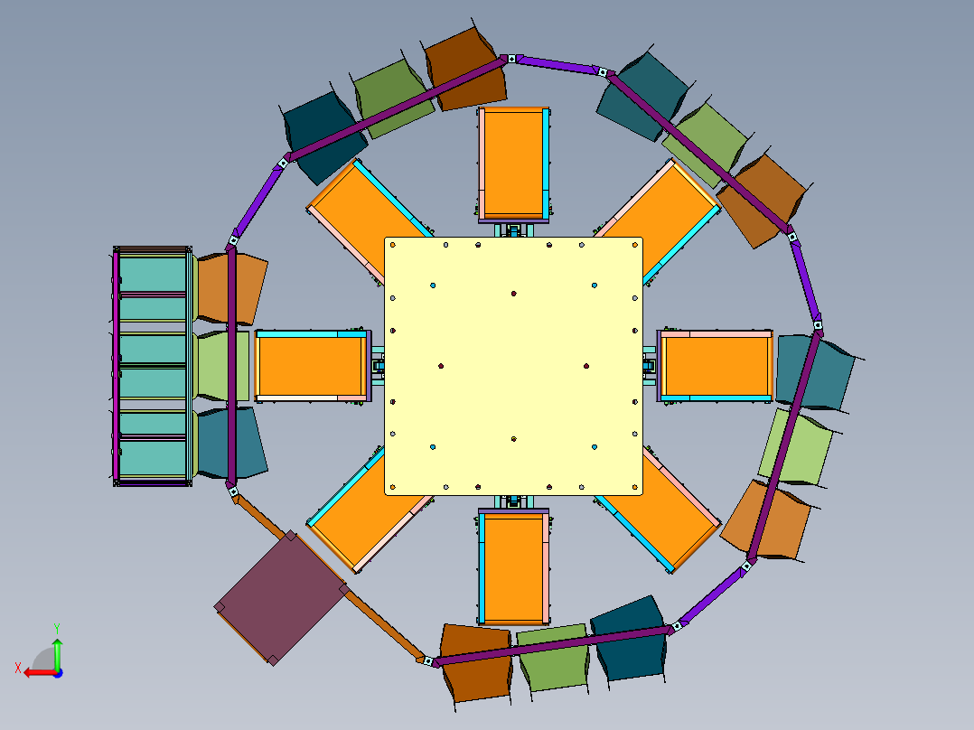多工位的圆形智能仓储货物分拣装置后视图