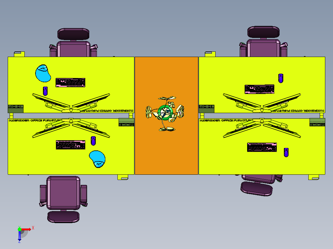 公司办公职员位四人位现代客服台俯视图