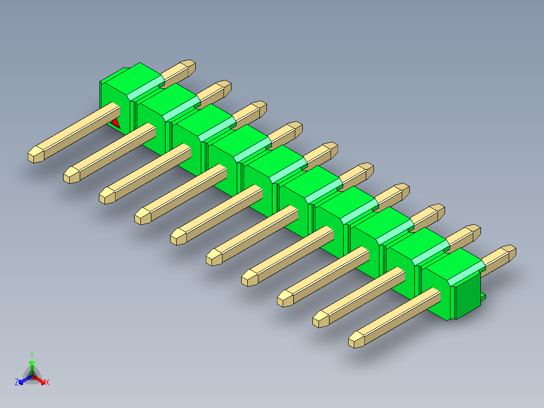 彩色公头100mil（2.54mm）系列-DS1021_green_1x10p_100mil_Type1_rev1.0正等轴测图