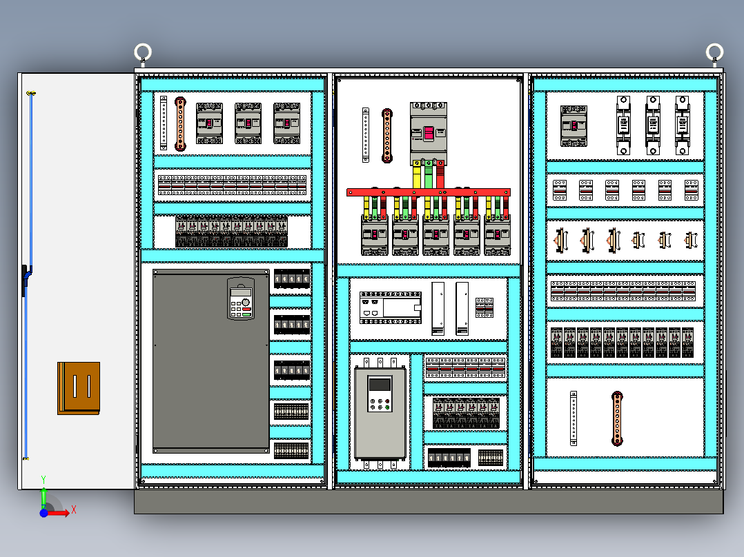 三柜组装变频器630A软启动直流接触器控制柜前视图