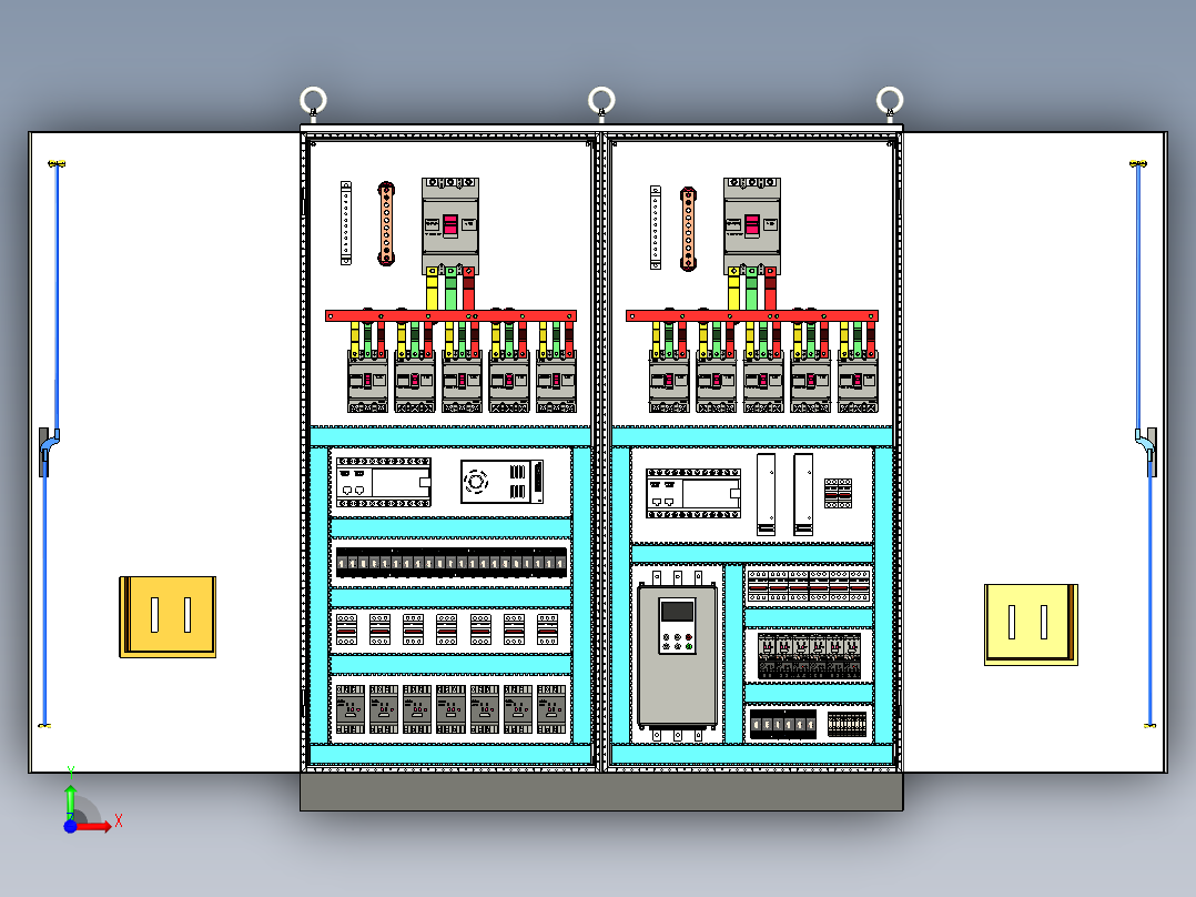 双柜组装630Aplc接触器+630A软启动plc控制柜前视图
