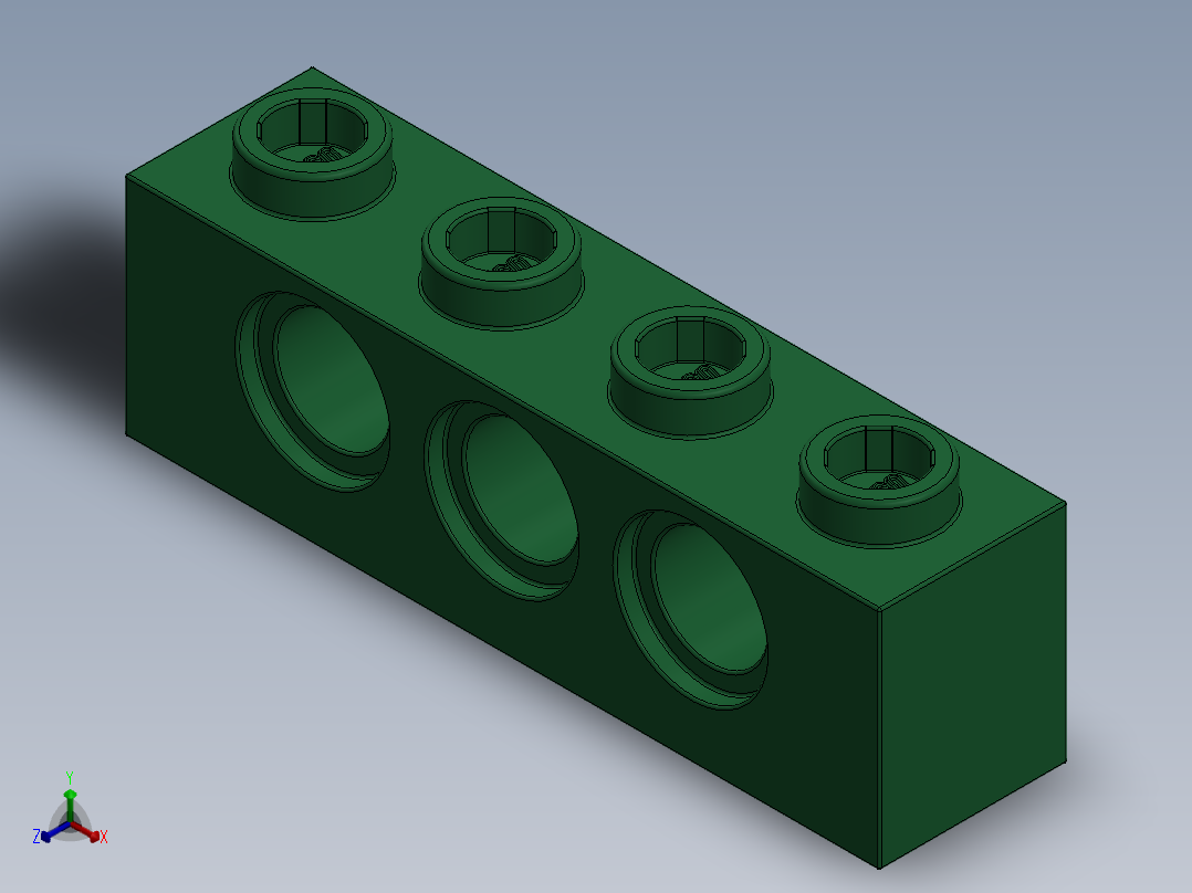乐高机械组积木（横梁）-4107790 - 3701 Dark Green Technic Brick 1 x 4 with Holes正等轴测图