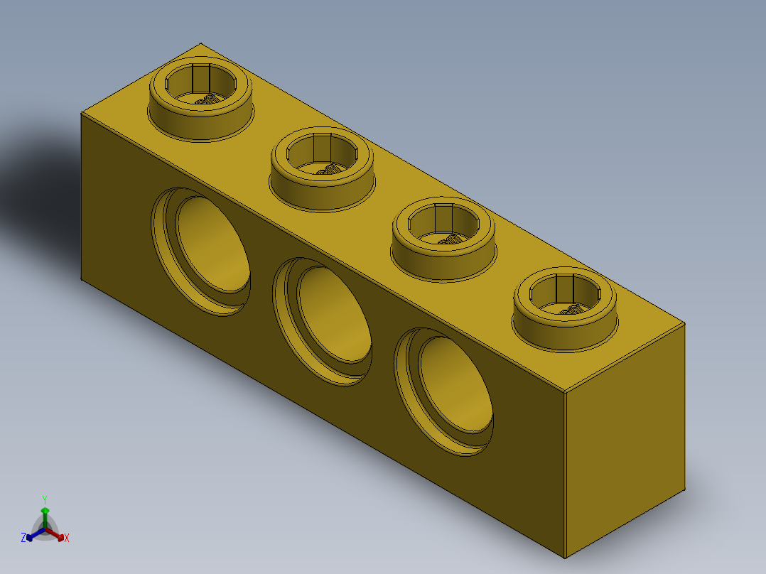 乐高机械组积木（横梁）-370124 Yellow Technic Brick 1 x 4 with Holes正等轴测图