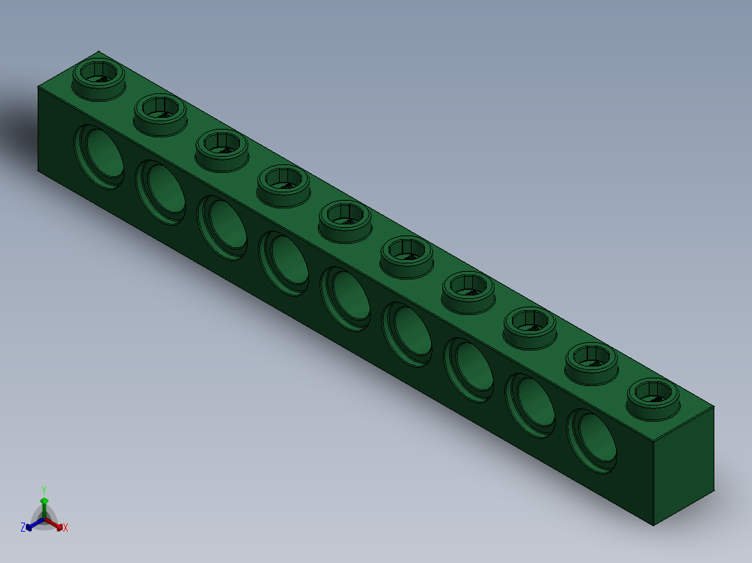 乐高机械组积木（横梁）-4203291 - 2730 Dark Green Technic Brick 1 x 10 with Holes主视图