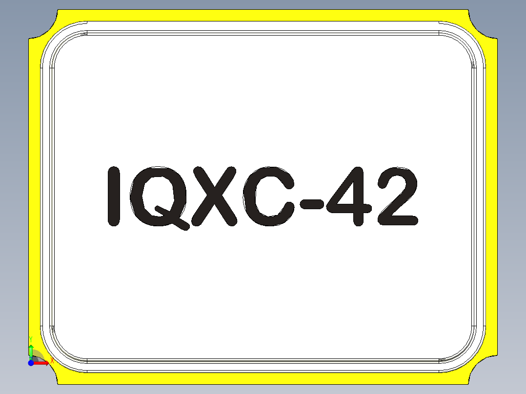 石英晶体SMD封装IQXC-42，尺寸长2mm x宽1,6mm x高0,5mm。用于印刷电路板前视图