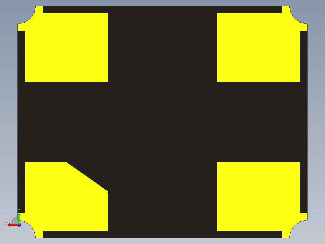 石英晶体SMD封装IQXC-42，尺寸长2mm x宽1,6mm x高0,5mm。用于印刷电路板后视图