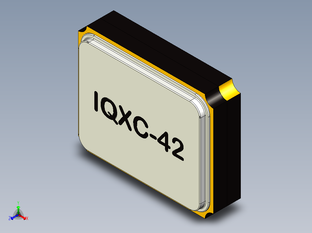 石英晶体SMD封装IQXC-42，尺寸长2mm x宽1,6mm x高0,5mm。用于印刷电路板正等轴测图