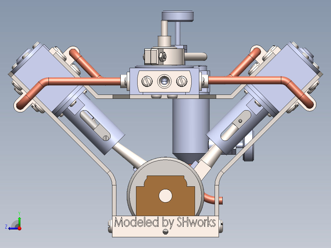 Garold Posh设计的V型模型蒸汽机3D图纸 Solidworks设计PDF工程图右视图