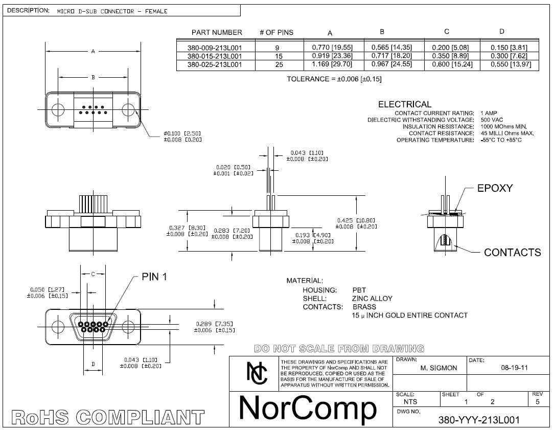 Norcomp 380，MICRO-D系列，9路PCB D-sub公外壳连接器，带母插座引脚