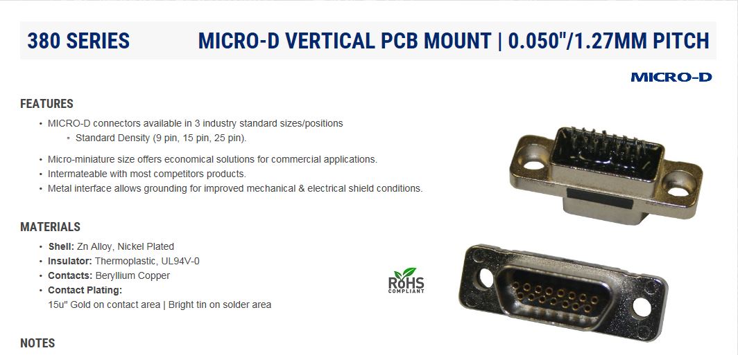Norcomp 380，MICRO-D系列，9路PCB D-sub公外壳连接器，带母插座引脚