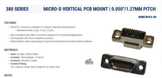 Norcomp 380，MICRO-D系列，9路PCB D-sub公外壳连接器，带母插座引脚缩略图