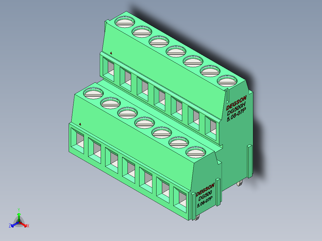 DEGSON DG500 系列 5.05.087.62mm 接线端子-DG500A-5.08-14P-14-00AH正等轴测图