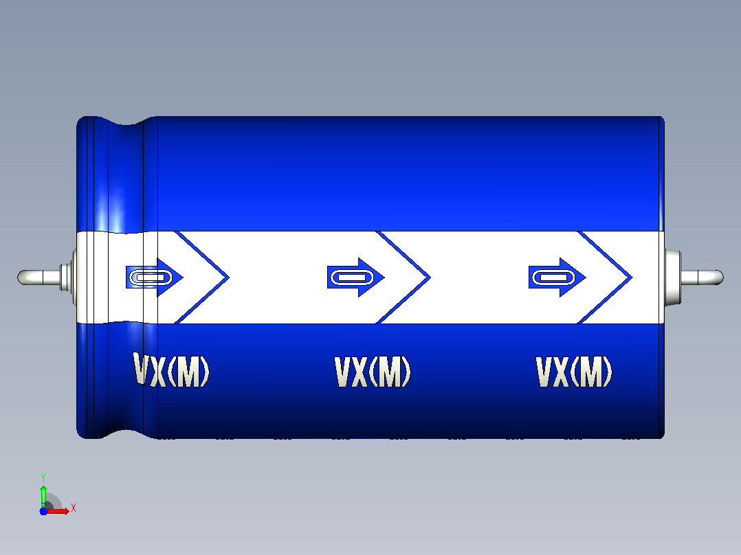 铝制轴向电解电容器。VX系列22x40mm毫米前视图
