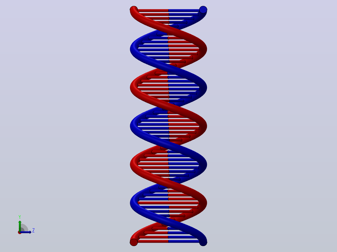 该 3D 模型代表受 DNA 分子几何形状启发的双螺旋结构。左视图