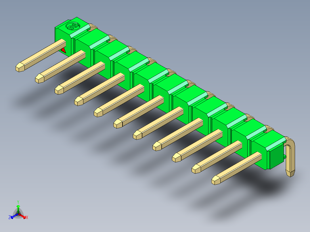 彩色公排针 100mil 2.54mm 系列-DS1022_green_1x11p_100mil_TypeD_rev1.0正等轴测图