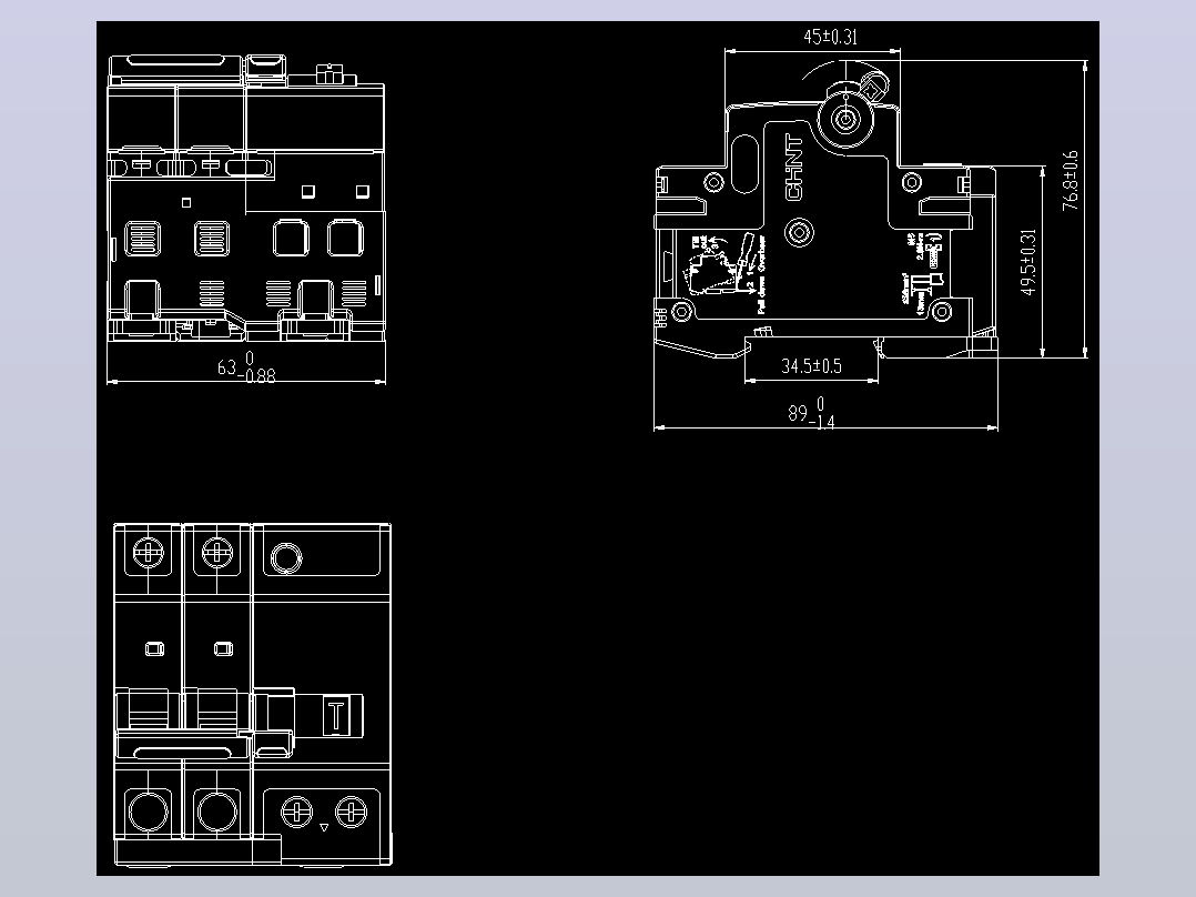 NB8LE-63(6-40A) 2P剩余电流动作断路器外形安装尺寸图202405