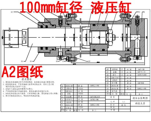 液压缸油缸装配图CAD图纸机械设计dwg图纸素材直径100mm单缸A2图缩略图