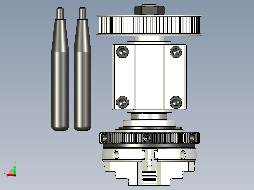 K02-63 带HTD3M-72皮带轮的四爪涡旋卡盘和主轴后视图