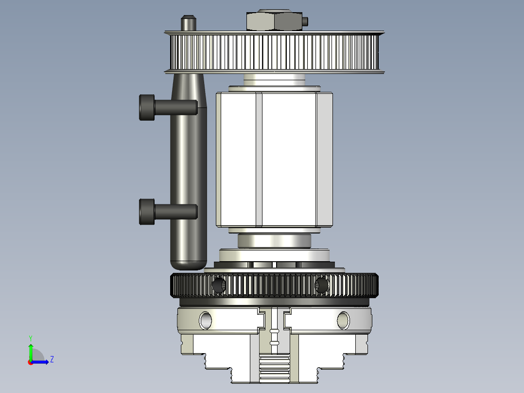 K02-63 带HTD3M-72皮带轮的四爪涡旋卡盘和主轴左视图