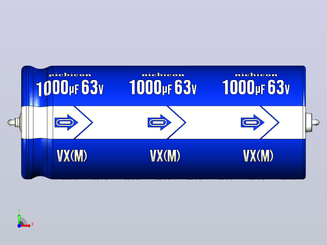 铝制轴向电解电容器。VX系列1000uf 63v。16x40mm。间距43至49毫米。电解镍镉电池前视图