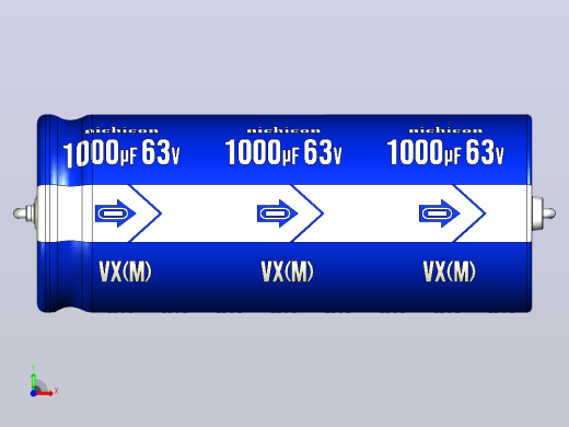 铝制轴向电解电容器。VX系列1000uf 63v。16x40mm。间距43至49毫米。电解镍镉电池前视缩略图