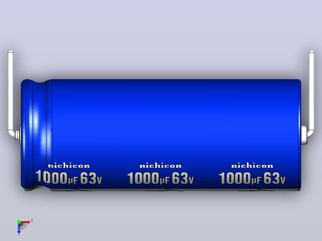铝制轴向电解电容器。VX系列1000uf 63v。16x40mm。间距43至49毫米。电解镍镉电池俯视图